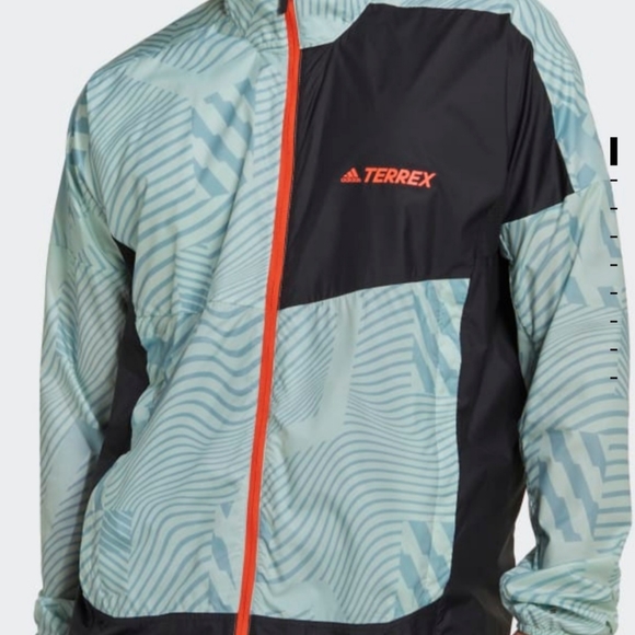 adidas Terrex Trail Running Printed Wind Jacket Linen Green Magic Grey - Picture 2 of 8